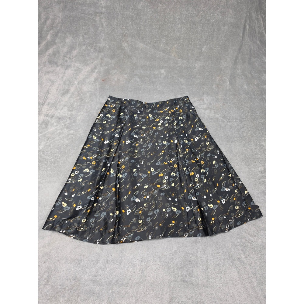 Jaclyn Smith Black Floral A-Line Pleated Skirt Womens Medium Satin Finish Lined